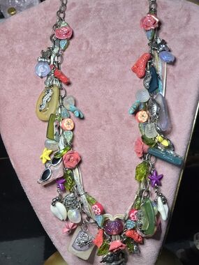 Multicolor Mermaid Charm Necklace w/ Floral Accents & Many Seaside Charms